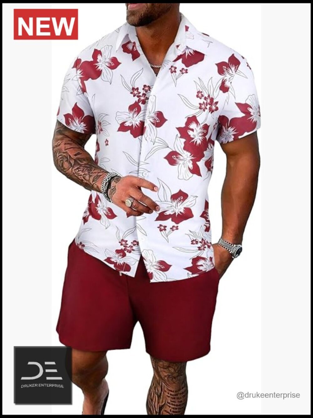 Men's 2 Piece Short & Top Set Hawaiian Floral Button Down Shirt & Shorts
